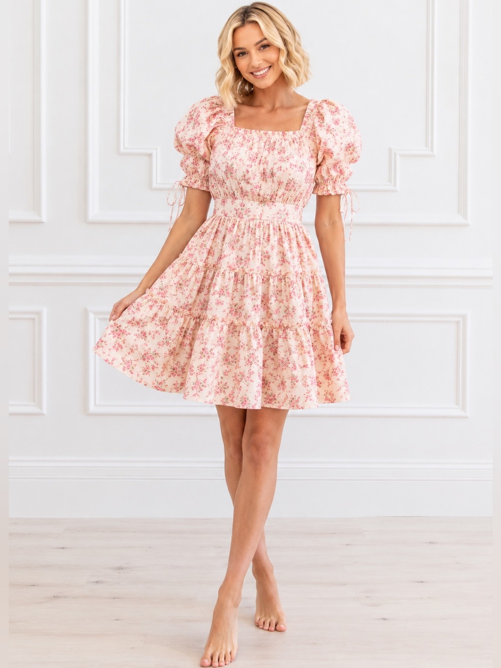 Rachel Parcell Pink Peach Poppy Vine Puff Sleeve Dress Size Small